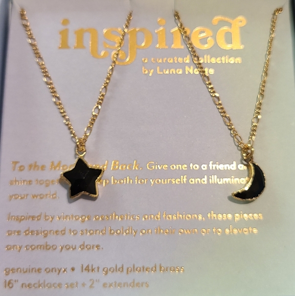 2 NECKLACES INSPIRED BY LUNA NORTE BLACK ONYX MOON & STAR14K GOLD PLATED - Picture 3 of 10